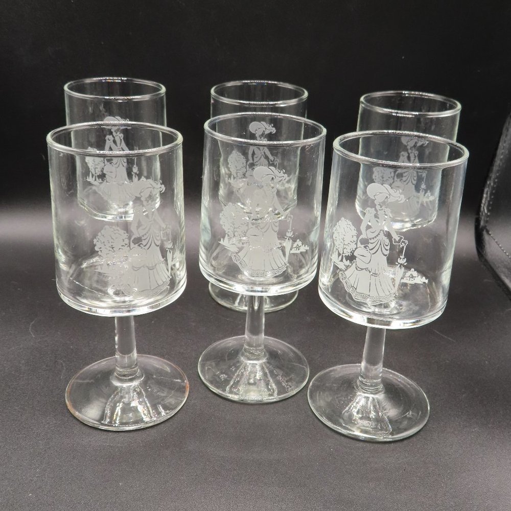 Set of 6, 70's Avon First Lady Mrs Albee Etched Footed Stem Water Glass Vintage